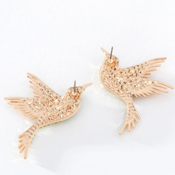 Pink Rhinestone Bird Earrings Hummingbird CZ Pave Crystal Gold Birds Post Style - Picture 7 of 10